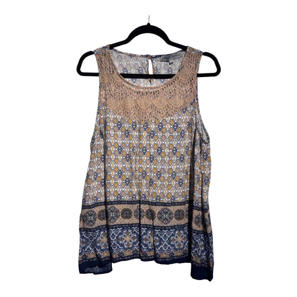 Absolutely Famous Patterned Sleeveless Blouse - Blue and Tan, large